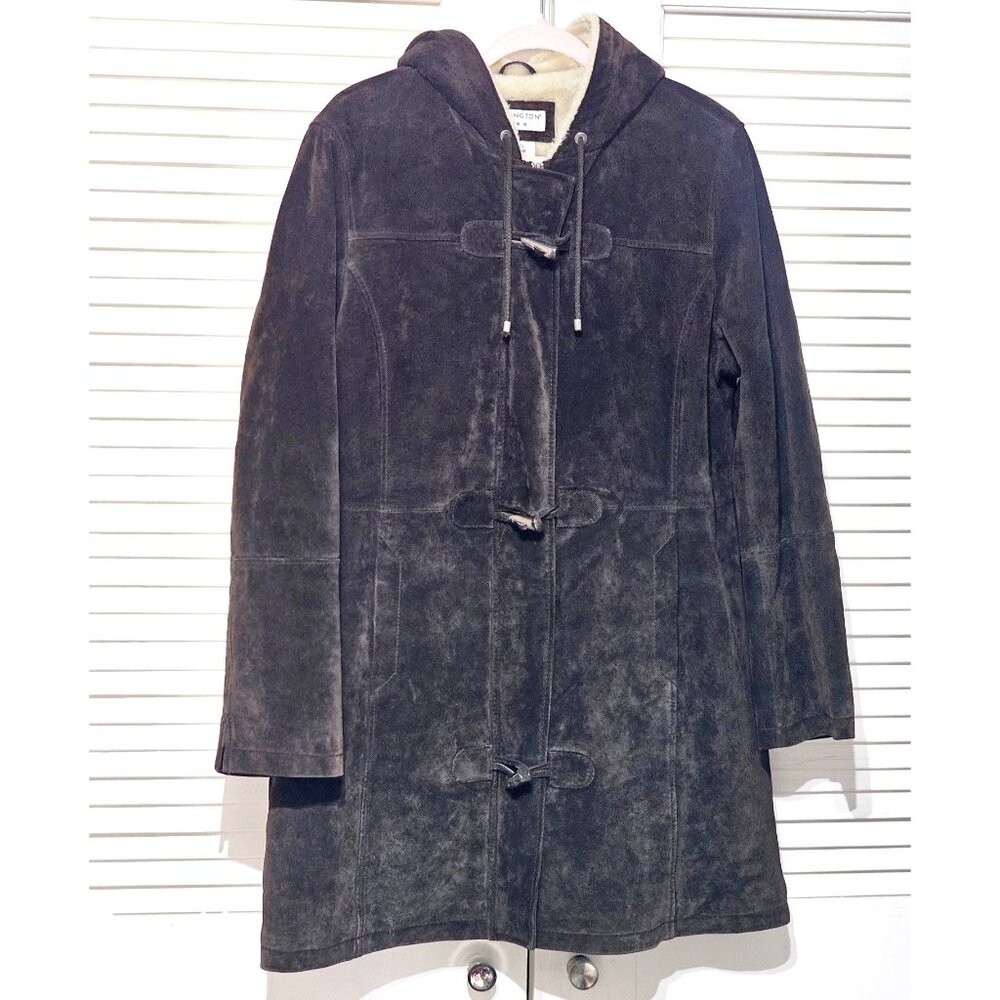 Covington Women's Brown Suede Leather Coat Faux Shearling Hood Size L 2203 - Picture 10 of 13